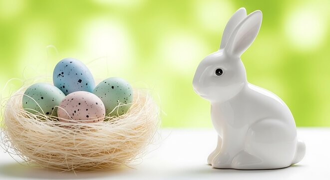 Festive white ceramic bunny figurine sits next to a natural straw nest with four colorful speckled pastel easter eggs, vibrant green bokeh background for spring.