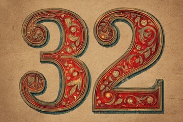 Vintage Decorative Number 32 with Ornate Patterns on Paper Background