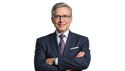Portrait of a man with gray hair and glasses wearing a suit and tie with arms crossed smiling softly