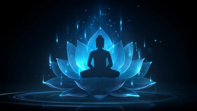 Meditating buddha silhouette illuminated by glowing lotus flower in darkness