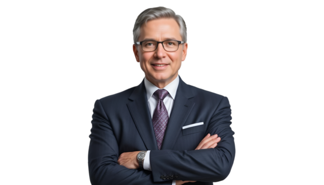 Portrait of a man with gray hair and glasses wearing a suit and tie with arms crossed smiling softly - Powered by Adobe