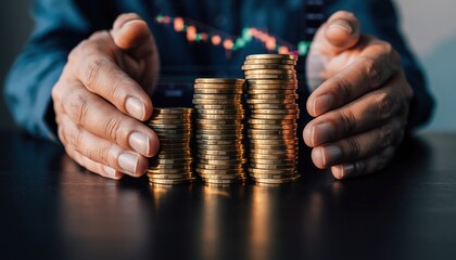 Three increasing stacks of gold colored coins protected by hands with a blurred financial chart in the background illustrating investment and growth