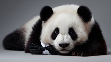 Obraz premium Adorable baby bear with a formal neck accessory rests against a neutral background