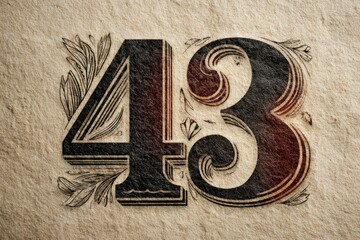 Vintage Illustrated Number Forty-Three Surrounded by Floral Elements
