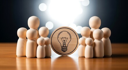 Wooden figures surrounding a light bulb symbol represent a team idea