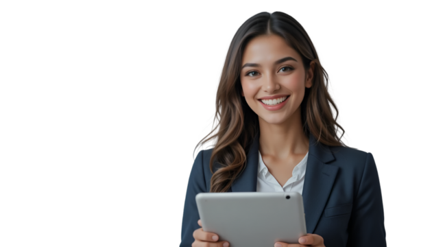 Smiling woman in a blazer holding a tablet against a black background with her hair down and styled