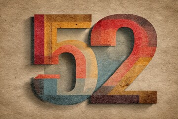 Vintage Style Number 52 with Colorful Texture on Brown Background