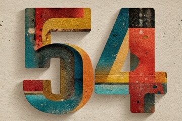 Vibrant Retro Style Colorful Number Fifty-Four on Textured Background