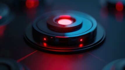 Close-up of high-tech optical sensor with red laser beam. Modern automation, robotic system engineering uses red light technology. Precision equipment device for industry.
