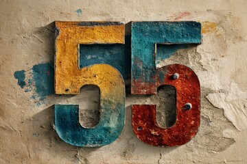 Vintage Textured Number 55 in Bright Colors on Weathered Surface