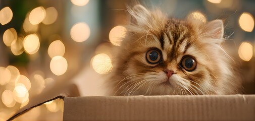 Adorable fluffy kitten peeking out of a cardboard box with soft bokeh lights in the background