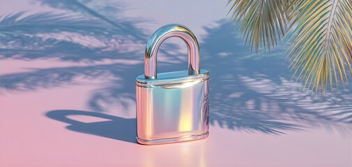 Holographic padlock reflecting palm tree shadows on pastel background