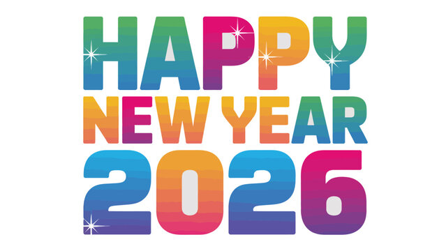 Colorful New Year: Happy New Year 2026 in vibrant, bold typography against a plain backdrop, exuding positivity and the excitement of a fresh start.