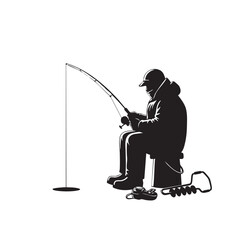 Obraz premium Silhouette illustration of a lone ice fisherman sitting by a hole, depicting the serene and focused activity of winter fishing, ideal for outdoor sports and seasonal themes