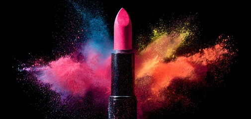 Vibrant pink lipstick exploding with colorful powder against a dark background
