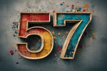 Colorful Vintage Number 57 on a Grunge Background with Paint Splashes