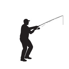 Naklejka premium Dynamic silhouette illustration of a man casting a fishing rod, depicting the active and skillful art of angling, ideal for sports, outdoor activities, and fishing gear advertisements