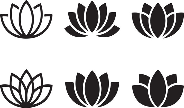 Collection of black and white lotus flower icons for holistic wellness and beauty