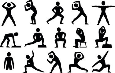 Black silhouettes of people performing various stretching exercises and yoga poses