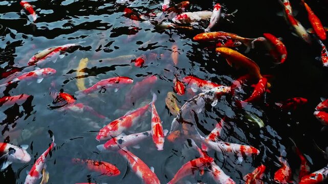 Colorful fancy carps or koi fishes swimming in a pond. Beautiful color japanese koi fish. Koi carp fish swarm many colorful fishes in water.