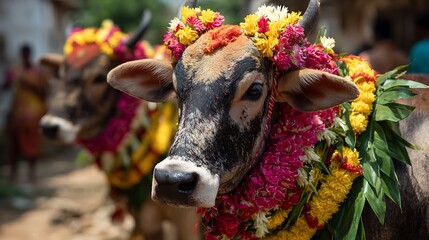 Decorated Cows for Mattu Pongal Festival with Floral Garlands and Ceremony