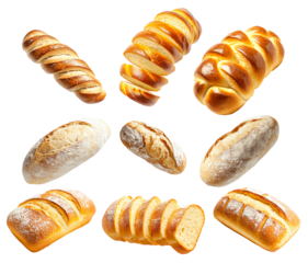 Various types of freshly baked bread loaves and slices shown on white background, rustic and braided styles for bakery concepts