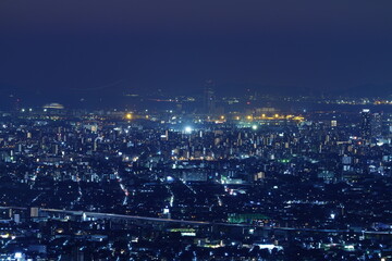 生駒山から見た、大阪平野夜景　明石海峡大橋遠望