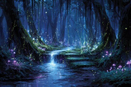 Magical Glowing Forest With Stream At Night - Powered by Adobe