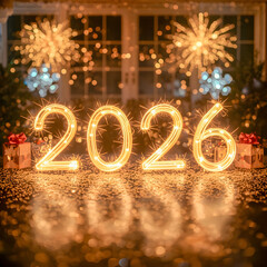 New Year Celebration with Glowing 2026 Light Trails and Fireworks – AI Generated