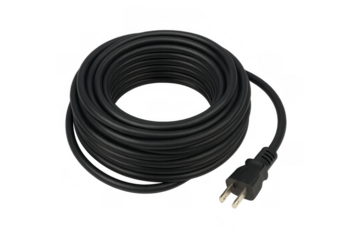 Black coiled power cable with electrical plug providing important electricity connection and energy supply