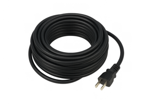 Black coiled power cable with electrical plug providing important electricity connection and energy supply