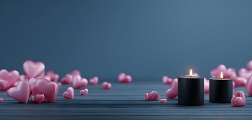 Romantic scene with two lit black candles and floating pink hearts on a dark wooden surface