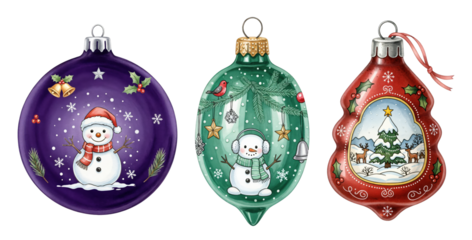Collection of three festive Christmas ornaments featuring snowmen and winter scenes on a transparent background, perfect for holiday season decorations