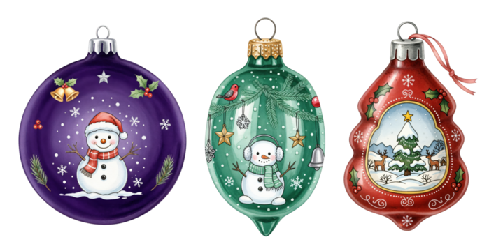 Collection of three festive Christmas ornaments featuring snowmen and winter scenes on a transparent background, perfect for holiday season decorations