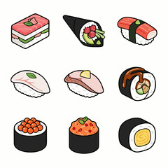 Cute Sushi Set Icons &ndash; Japanese Food Clipart, Kawaii Nigiri & Maki Collection