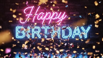 Glowing neon Happy Birthday sign on dark wall background, - Powered by Adobe