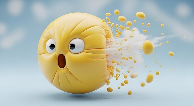 Shocked yellow emoji face disintegrating into particles quickly