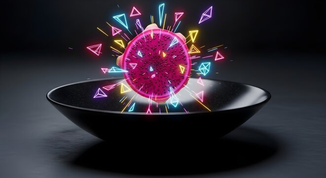 Futuristic dragon fruit with vibrant neon geometric explosion