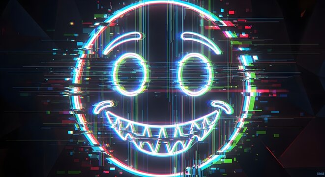 Vibrant neon smile with pixel glitch and distorted digital effect - Powered by Adobe