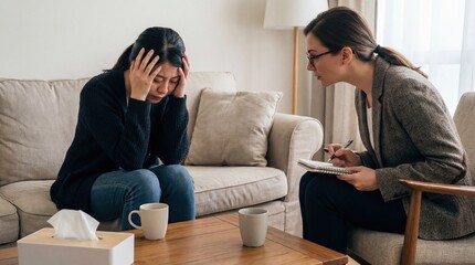 Obraz premium Depressed female patient having a therapy session with a mental health professional at home or clinic.