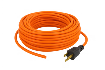 Orange coiled extension cord providing portable power, having a three-prong plug for safely connecting electrical devices