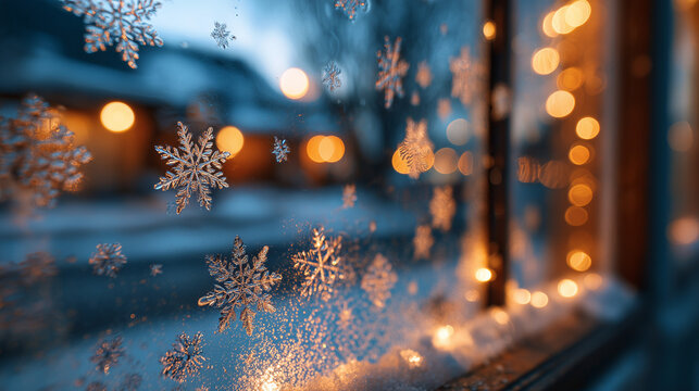 reflections in the glass, frosted winter window with glowing snowflakes
