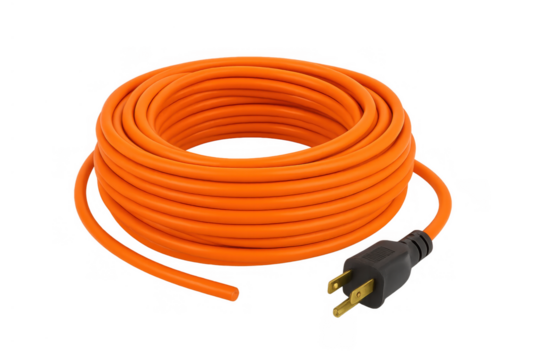 Orange coiled extension cord providing portable power, having a three-prong plug for safely connecting electrical devices