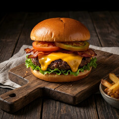 hamburger on wooden table