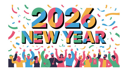 Vibrant Celebration of 2026 New Year: A vivid, modern illustration capturing a lively gathering, celebrating the upcoming year with joy and excitement.