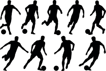 Silhouette soccer players in action with dynamic movements on white background