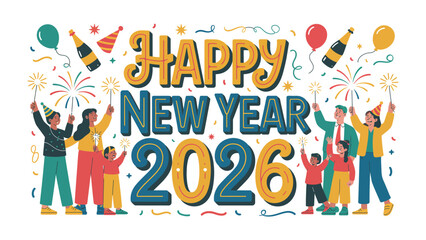 New Year's Eve Festivities 2026: A vibrant and cheerful illustration heralds the start of 2026 with a lively group of people. Celebrate the joyous holiday with festive decor and confetti 