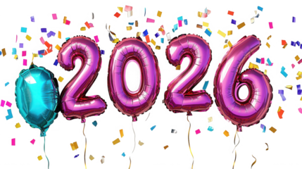 Foil balloons spelling twenty twenty six with confetti falling on transparent background