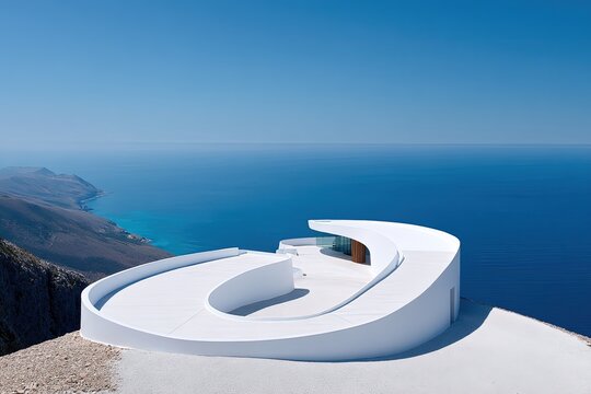 Whimsical White Architectural Structure on Mountaintop with Ocean View