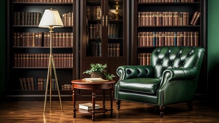 Elegant green leather armchair in a classic library setting creates a warm and inviting atmosphere perfect for reading and quiet reflection at home